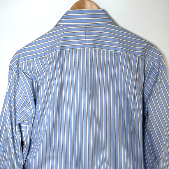 Peter Millar Dress Shirt Men 15.5R Blue Ivory Stripe Cotton Long Sleeve Classic - Picture 4 of 11